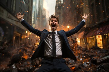 Ecstatic businessman in a chaotic urban scene