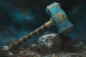 Mythical Ancient fantasy hammer. Medieval thunder. Generate Ai - obrazy, fototapety, plakaty