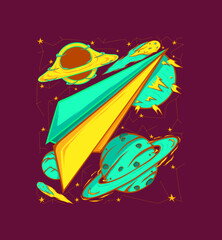 design illustration of paper plane and planet  for tshirt printing, and poster