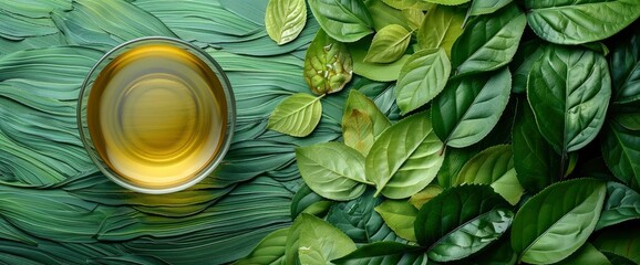 Clean background, tea leaves piled up in the picture half of the area of the upper half of the white, the center of the picture there is a transparent glass, Wallpaper Pictures, Background Hd - obrazy, fototapety, plakaty