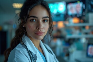 A focused young male doctor gazes with a medical office background, exuding confidence