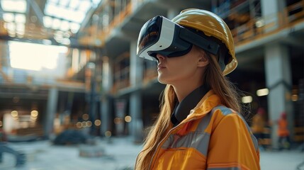 Female engineer wearing VR glasses working is a modern construction site. Generative AI. - obrazy, fototapety, plakaty