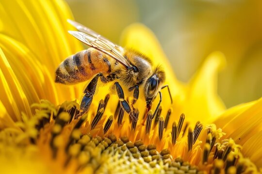A close-up of a bee pollinating a bright sunflower Capturing the intricate details of both the insect and the flower in a natural setting