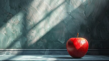 Sunlight Drenched Red Apple on Gray Wall in Cinematic High Photography - obrazy, fototapety, plakaty