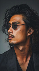 Fototapeta premium Asian Man's Glamour Pose with Sunglasses and Curly Bun 