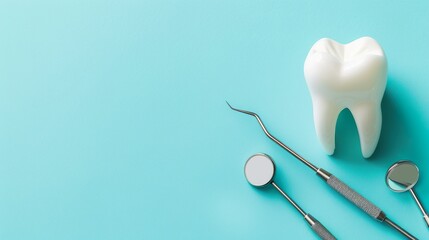 Model of tooth and dental instruments on a light blue background with space for text. - obrazy, fototapety, plakaty
