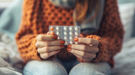 Woman holding birth control pills generative ai - obrazy, fototapety, plakaty