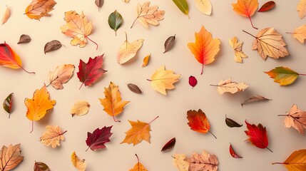 Different autumn leaves falling on a beige-grey background