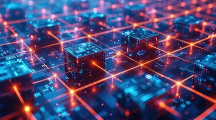 An abstract representation of blockchain blocks interconnected by glowing lines, illustrating the secure and transparent nature of blockchain networks. Generative AI.