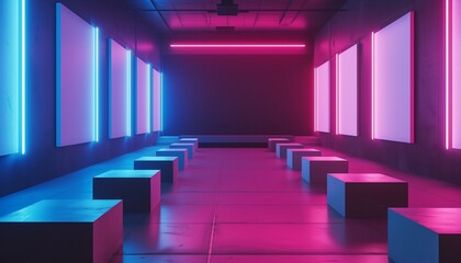 Modern Art Gallery with Neon Accents and Sleek Empty Canvases. 