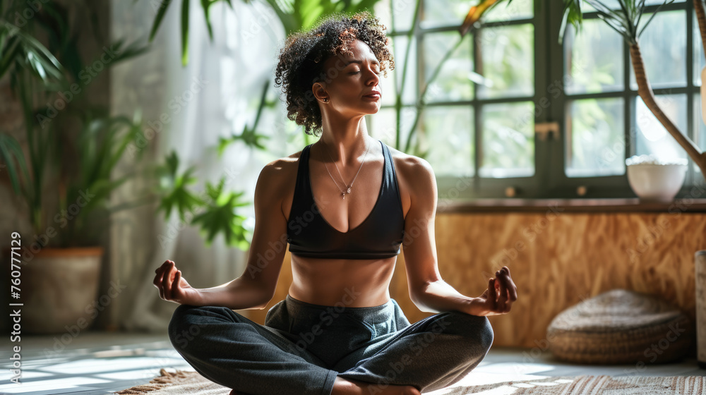 Sticker Woman sitting in the lotus position on a yoga mat, meditating with her eyes closed