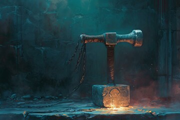 Mystical Ancient fantasy hammer. Medieval thunder. Generate Ai - obrazy, fototapety, plakaty