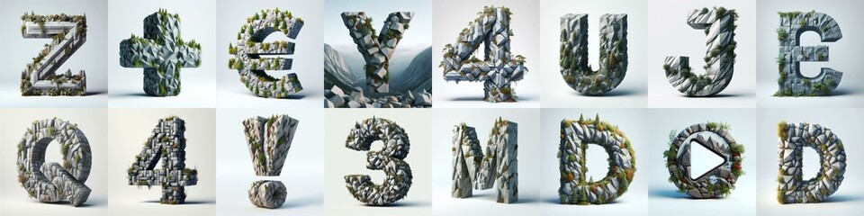 Granite polygonal 3D Lettering Typeface. AI generated illustration
