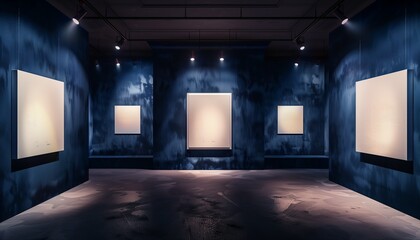 Moody Art Gallery Interior with Velvet-Textured Walls and Spotlighted Empty Canvases.