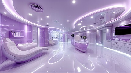 A panoramic view of a doctor office with furniture in colors purple and white, futuristic furniture. Generative AI.
