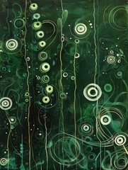 Abstract painting featuring vibrant green and white circles set against a dark black background