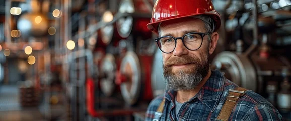 Deurstickers frontal photo of a smiling worker with hardhat and glasses, medium distance, Wallpaper Pictures, Background Hd © MI coco