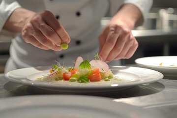 A gourmet chef preparing a colorful and intricate dish in a professional kitchen Focusing on the artistic presentation on a white plate.