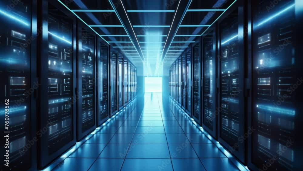 Poster internet concept data background,corridor in working data center full of rack servers and supercompu