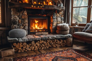 A fireplace with a fire at home creates a cozy atmosphere in a comfortable living room.
