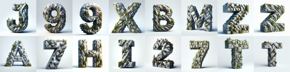 Granite polygonal 3D Lettering Typeface. AI generated illustration