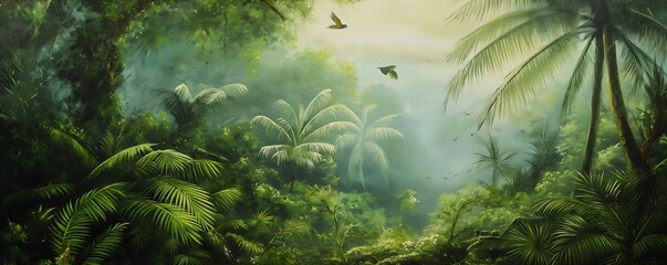 Mystical rainforest with lush vegetation and palm trees landscape painting