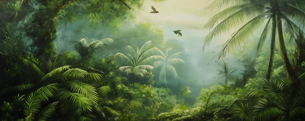 Schilderijen op glas Mystical rainforest with lush vegetation and palm trees landscape painting © Athena 