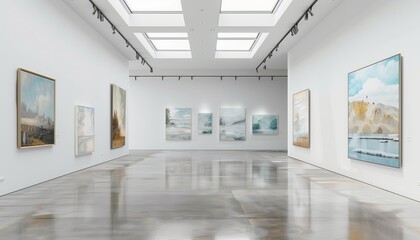 Serene Art Gallery Space with Exquisite Paintings on Minimalist White Walls.