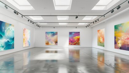 Serene Art Gallery Space with Exquisite Paintings on Minimalist White Walls.