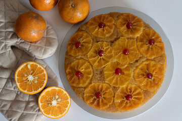 Orange upside down cake, also known as citrus caramel cake or caramelized orange cake