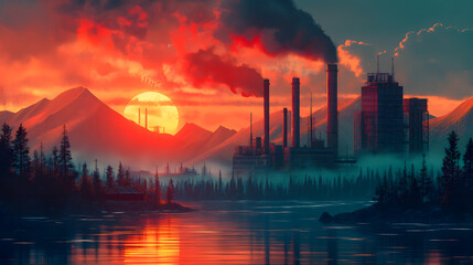 Fantasy landscape with factory and lake at sunset
