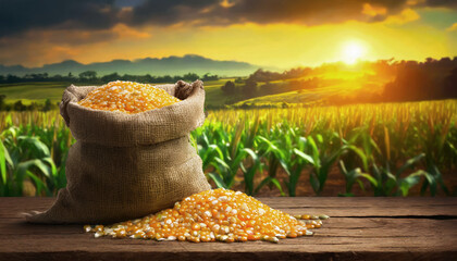 Corn seed in mini jute sack back on wooden table with blurry soft focus crop farm background - obrazy, fototapety, plakaty