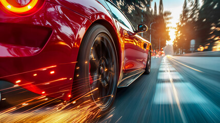red sport car on the road with motion blur, speed and light