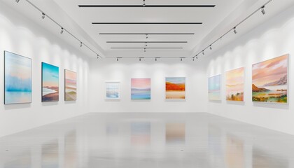 Tranquil Art Gallery with Delicately Lit Paintings on Immaculate White Walls.