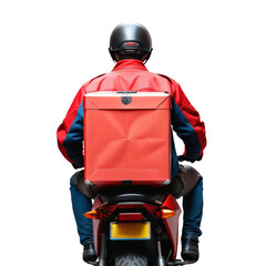 Motoqueiro entregador visto de costas, dirigindo sua moto. Motoboy entregando encomendas isolado, em fundo transparente, png.