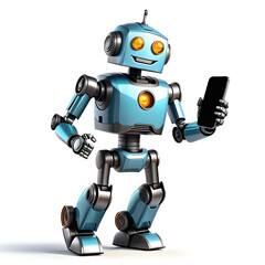 Robô caminhando alegremente enquanto segura um celular.