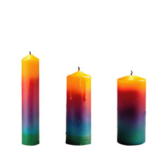 Conjunto de velas de cera coloridas. Grupo de velas arco-íris multicoloridas apagadas em diferentes tamanhos.