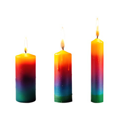 Conjunto de velas de cera coloridas. Grupo de velas arco-íris multicoloridas acesas em diferentes tamanhos.