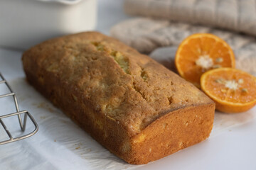 Loaf of Orange pound cake, also known as citrus loaf cake or orange butter cake