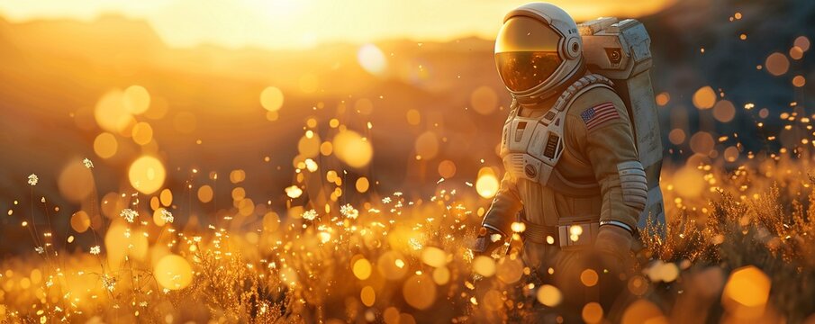 Human colonist, pressurized suit, exploring new terraformed planet, flourishing alien flora, 3D render, golden hour lighting, depth of field bokeh effect