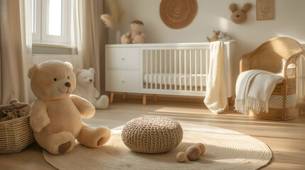 Cute baby room interior with teddy bear and wicker basket