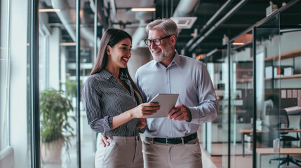 Coworkers are standing in a modern office environment, smiling and looking at a digital tablet that the man is holding.