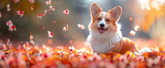 In the serene spring afternoon, a charming little corgi puppy sits gracefully atop a majestic cherry blossom tree, Wallpaper Pictures, Background Hd