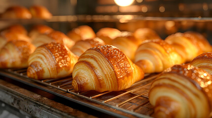Freshly baked croissants on cooling rack in bakery, closeup