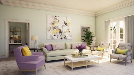 Fototapeta premium Pale Yellow Walls with Lavender and Mint Green Accents in the TV Lounge.