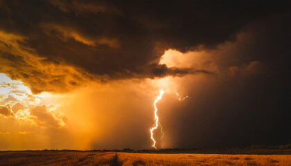 Lightning in the dark orange sky with stormy clouds in the field