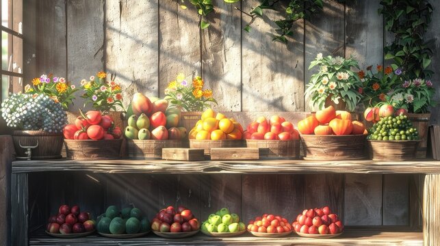 Sunlit Wooden Shelf Showcasing Fresh Fruits and Flowers on a Farmyard Market Stall Display