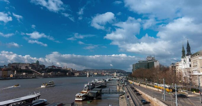 Budapest, Hungary: February 13, 2024: Landscape view from Erzsebet Bridge. Time-lapse.