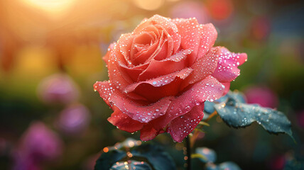 A vibrant rose with dew drops, symbolizing love and elegance, set against a soft, morning light backdrop