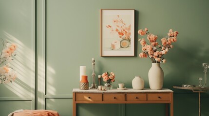 Peach and Sage Green Create a tranquil and refreshing atmosphere with peach walls and sage green accents.